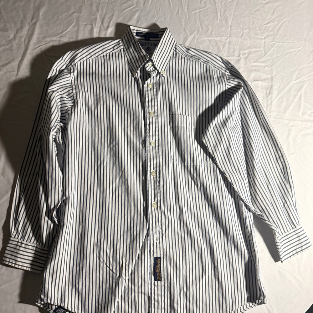 Tommy Hilfiger Shirt Button Down Men's Large 15 32 Long Sleeve Hickory Stripe